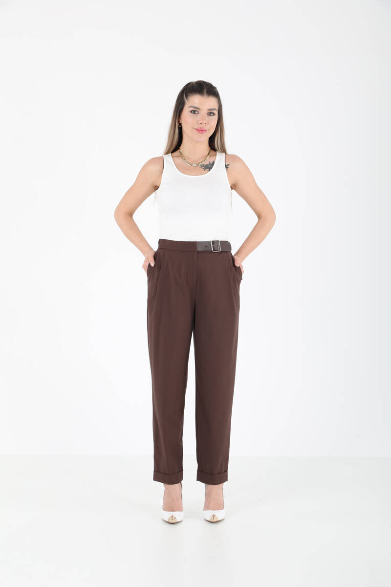 DERİ AKSESUARLI BELİ LASTİKLİ PANTOLON EL-1187 - 1