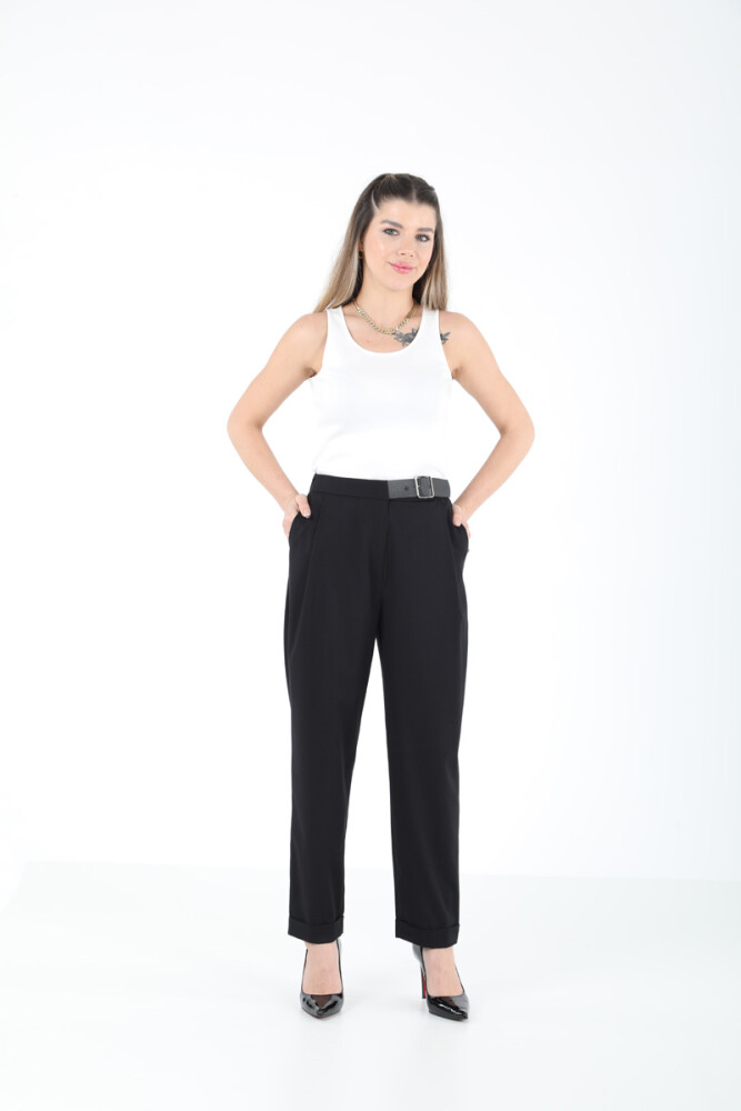 DERİ AKSESUARLI BELİ LASTİKLİ PANTOLON EL-1187 SİYAH