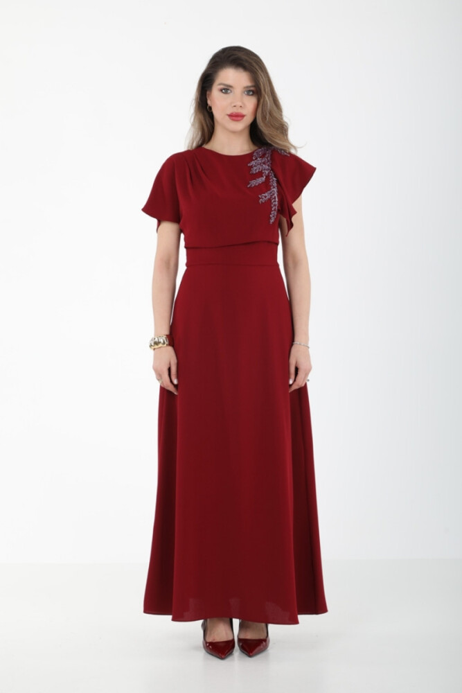 EL İŞİ DETAYLI ŞIK KOKTEYL ELBİSE EL-4307 Bordo