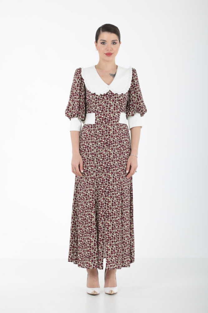 PAMUK BEBE YAKALI EMPİRME ELBİSE EL-4302 Kahverengi