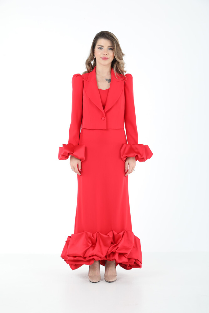 SATEN DRAPELİ ŞIK KOKTEYL SET EL-2624 Kırmızı