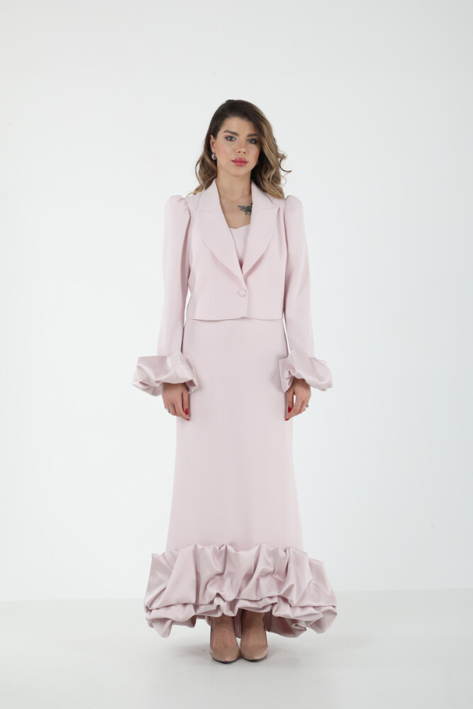 SATEN DRAPELİ ŞIK KOKTEYL SET EL-2624 Pembe