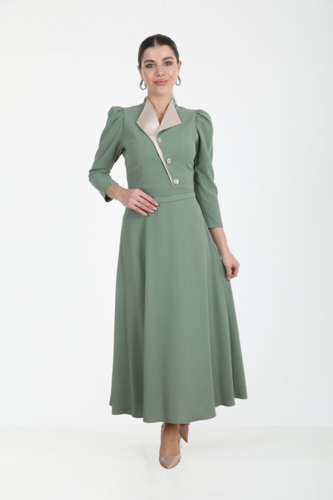 SATEN GARNİLİ GODELİ MİDİ ELBİSE EL-4158 MİNT