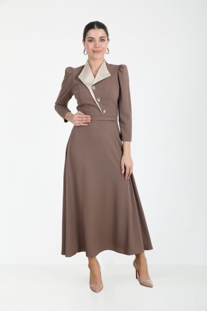 SATEN GARNİLİ GODELİ MİDİ ELBİSE EL-4158 VİZON