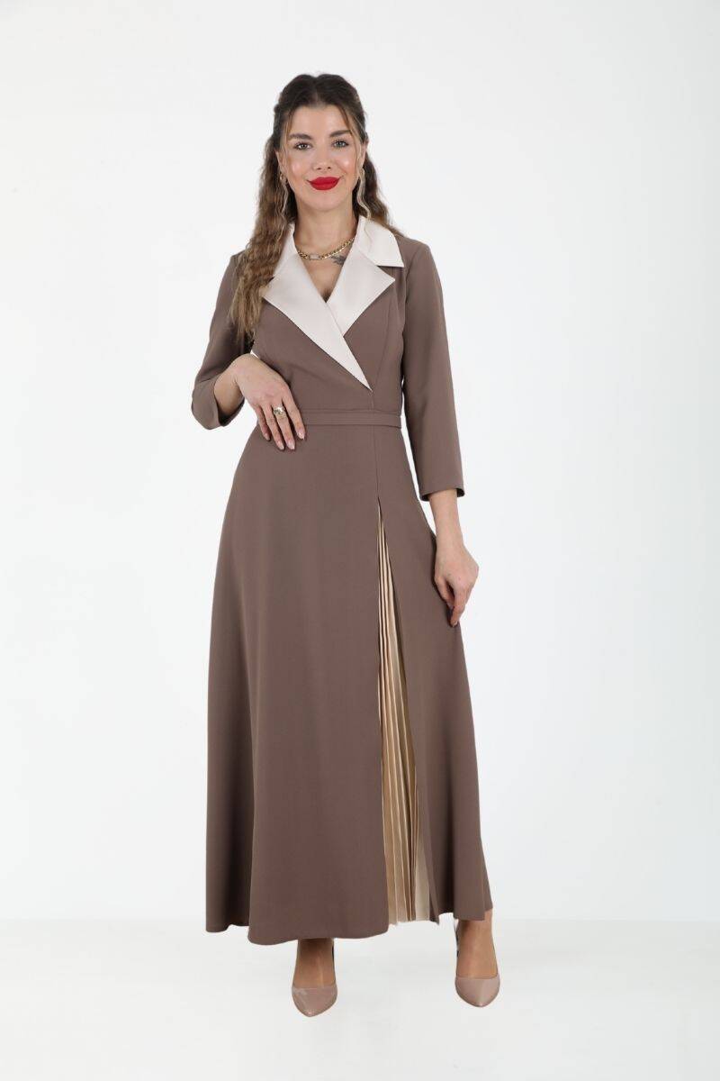 SATEN GARNİLİ PİLİSE DETAYLI MİDİ KREP ELBİSE EL-4156 - 15