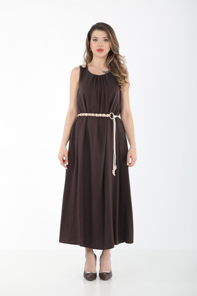 YAKASI PİLELİ TENCEL GÜNLÜK ELBİSE EL-4291 Kahverengi