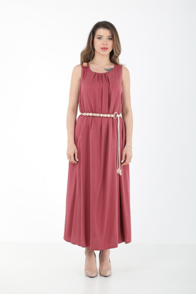 YAKASI PİLELİ TENCEL GÜNLÜK ELBİSE EL-4291 MÜRDÜM