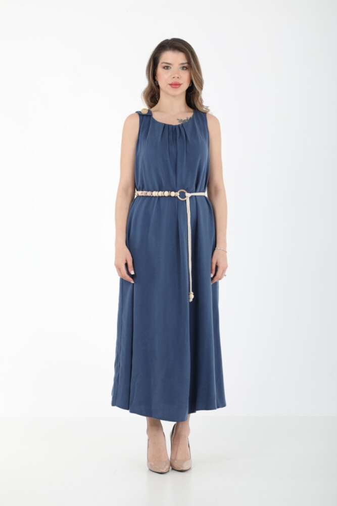 YAKASI PİLELİ TENCEL GÜNLÜK ELBİSE EL-4291 İNDİGO
