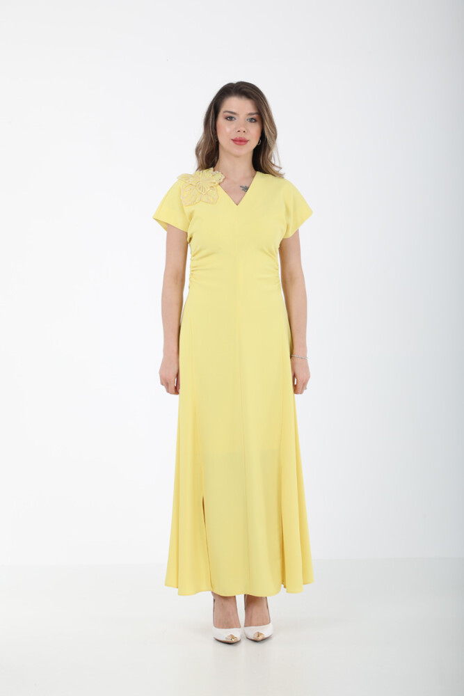 YANLARI DRAPELİ ŞIK KOKTEYL ELBİSE EL-4299 SARI
